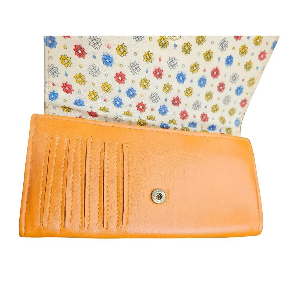 Orange Quilted Faux Leather Compartmentalized Checkbook Wallet Brown Trim